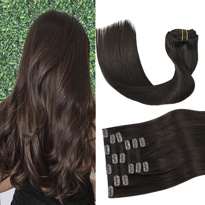 Aison Dark Brown Clip in Hair Extensions Real Human Hair 70G 100% Remy Human Hair Straight 7pcs 16clips (20 Inch #2) - Image 1